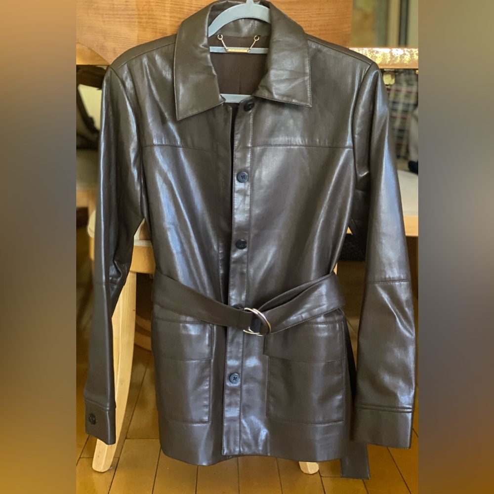 Ellie Tahari Dark Brown Leather Jacket with Belt